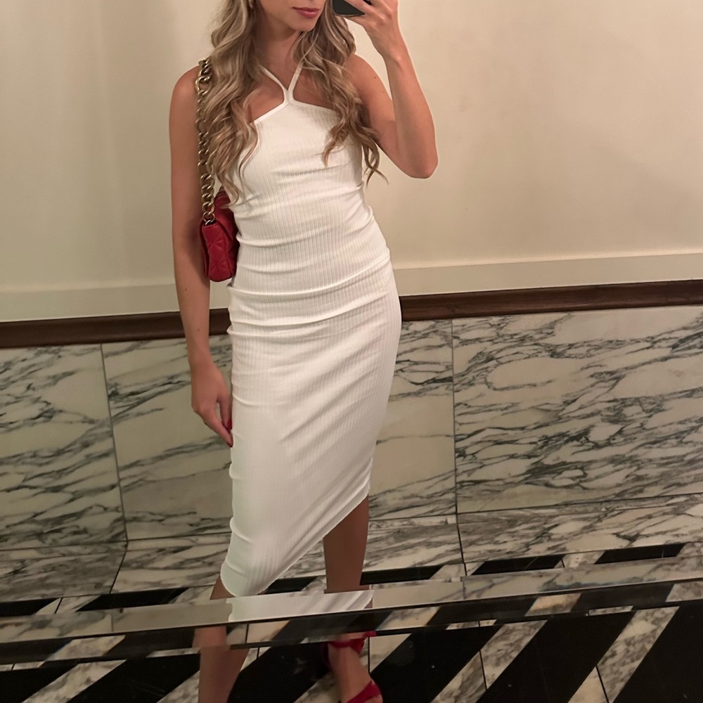 Zara White Ruched Mídi Cocktail Dress